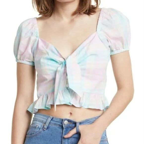 NWOT Abound Women Pink Teal Plaid Adley FrontTie Short Sleeve Crop Blouse Small - Picture 4 of 6